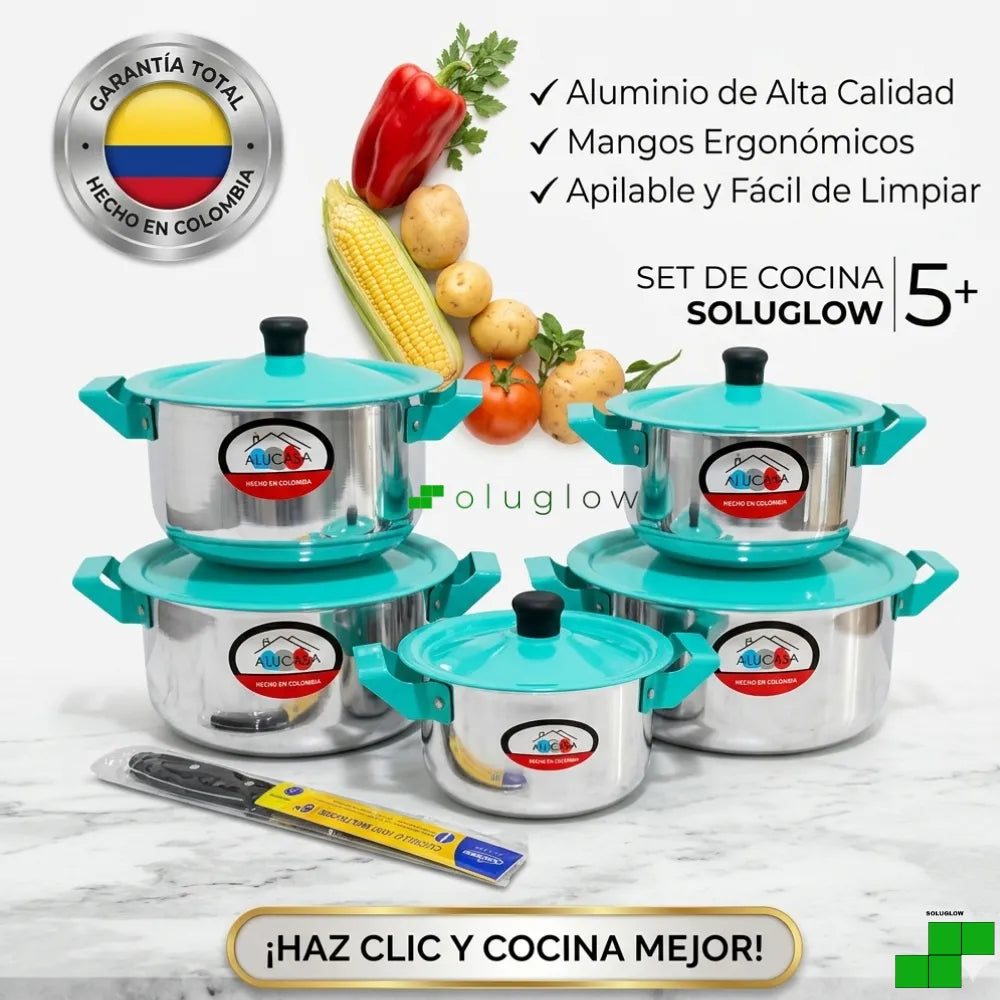 Set de Ollas ALUCASA x5 en Aluminio con Tapa Color Agua Marina — 14 a 22 cm — Incluye Cuchillo — Hecho en Colombia ®