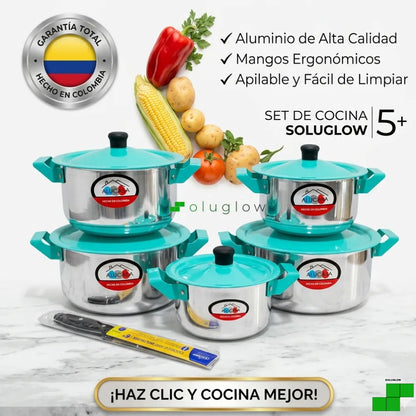 Set de Ollas ALUCASA x5 en Aluminio con Tapa Color Agua Marina — 14 a 22 cm — Incluye Cuchillo — Hecho en Colombia ®