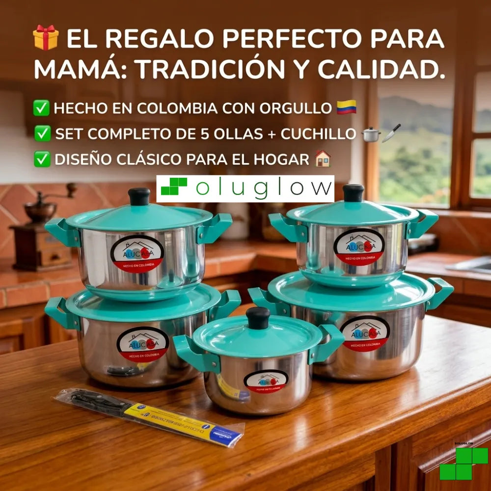 Set de Ollas ALUCASA x5 en Aluminio con Tapa Color Agua Marina — 14 a 22 cm — Incluye Cuchillo — Hecho en Colombia ®