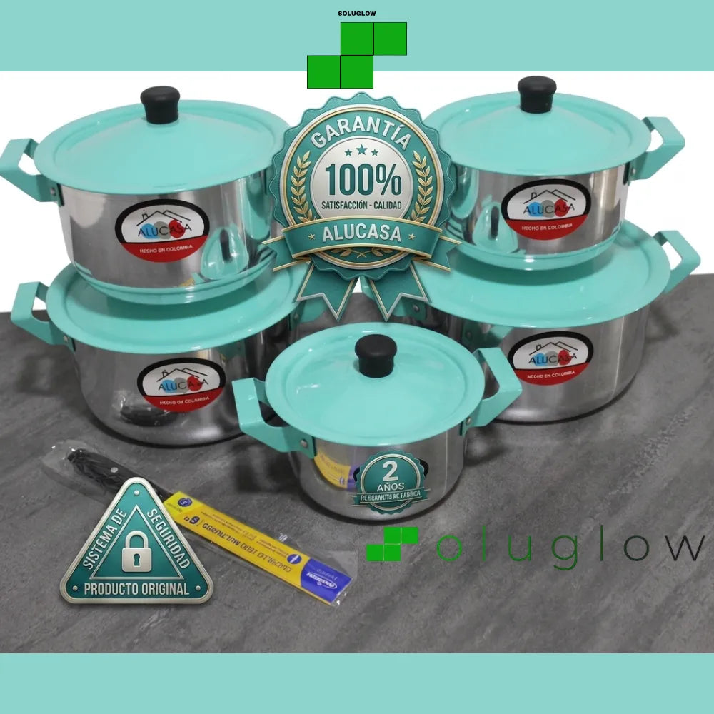 Set de Ollas ALUCASA x5 en Aluminio con Tapa Color Agua Marina — 14 a 22 cm — Incluye Cuchillo — Hecho en Colombia ®