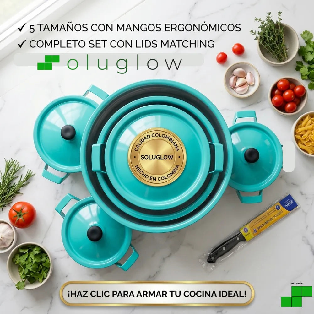 Set de Ollas ALUCASA x5 en Aluminio con Tapa Color Agua Marina — 14 a 22 cm — Incluye Cuchillo — Hecho en Colombia ®