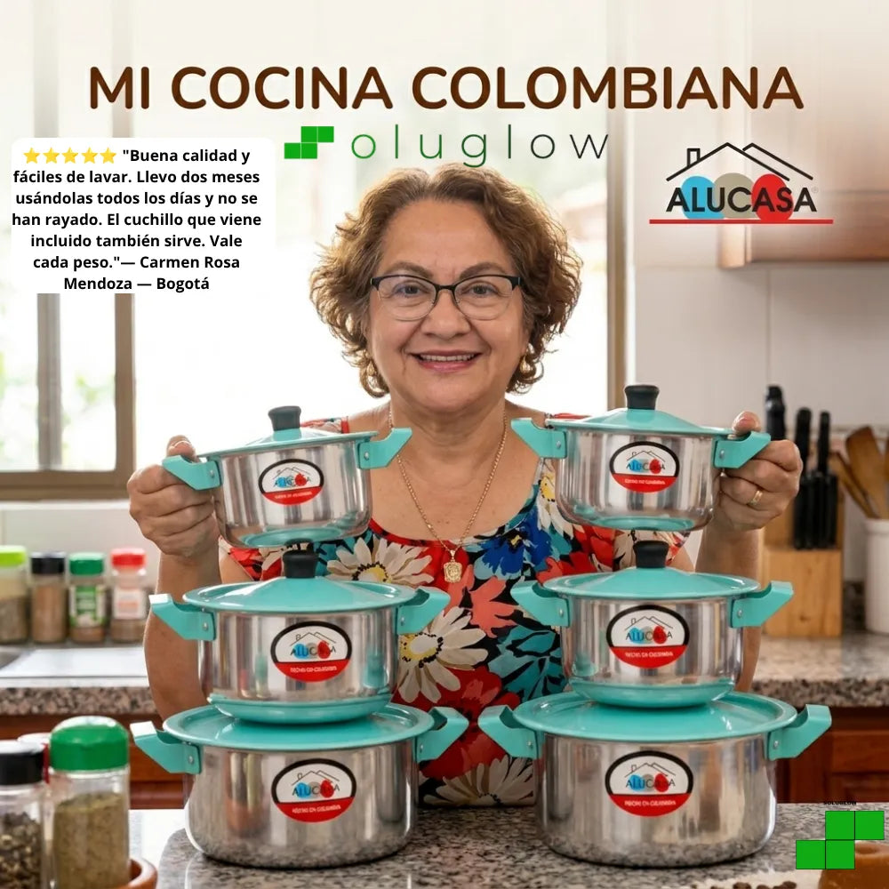 Set de Ollas ALUCASA x5 en Aluminio con Tapa Color Agua Marina — 14 a 22 cm — Incluye Cuchillo — Hecho en Colombia ®