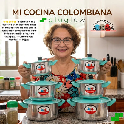 Set de Ollas ALUCASA x5 en Aluminio con Tapa Color Agua Marina — 14 a 22 cm — Incluye Cuchillo — Hecho en Colombia ®