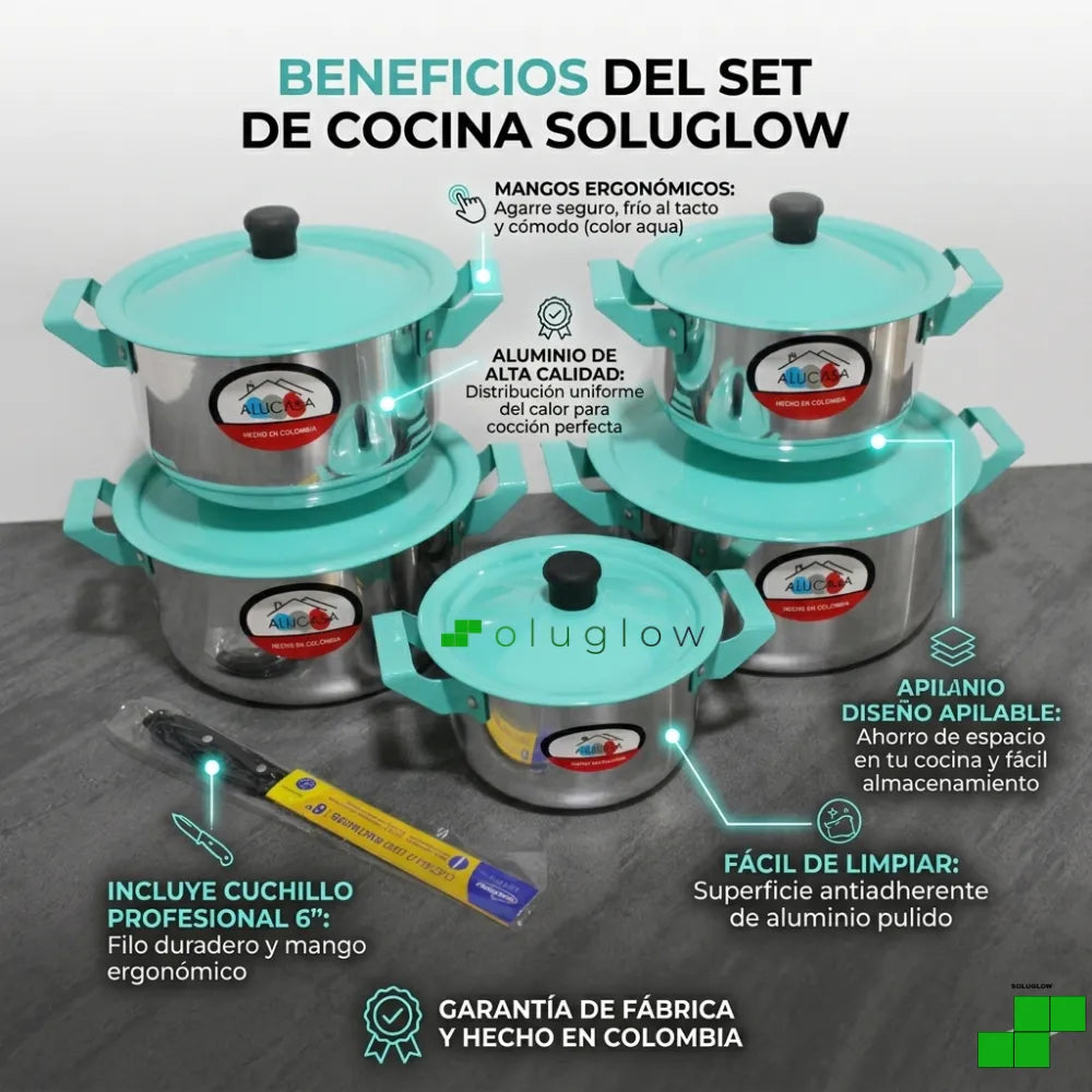 Set de Ollas ALUCASA x5 en Aluminio con Tapa Color Agua Marina — 14 a 22 cm — Incluye Cuchillo — Hecho en Colombia ®