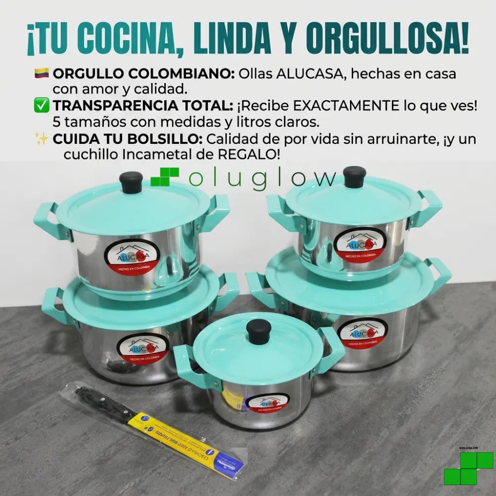 Set de Ollas ALUCASA x5 en Aluminio con Tapa Color Agua Marina — 14 a 22 cm — Incluye Cuchillo — Hecho en Colombia ®