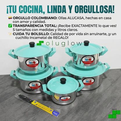 Set de Ollas ALUCASA x5 en Aluminio con Tapa Color Agua Marina — 14 a 22 cm — Incluye Cuchillo — Hecho en Colombia ®